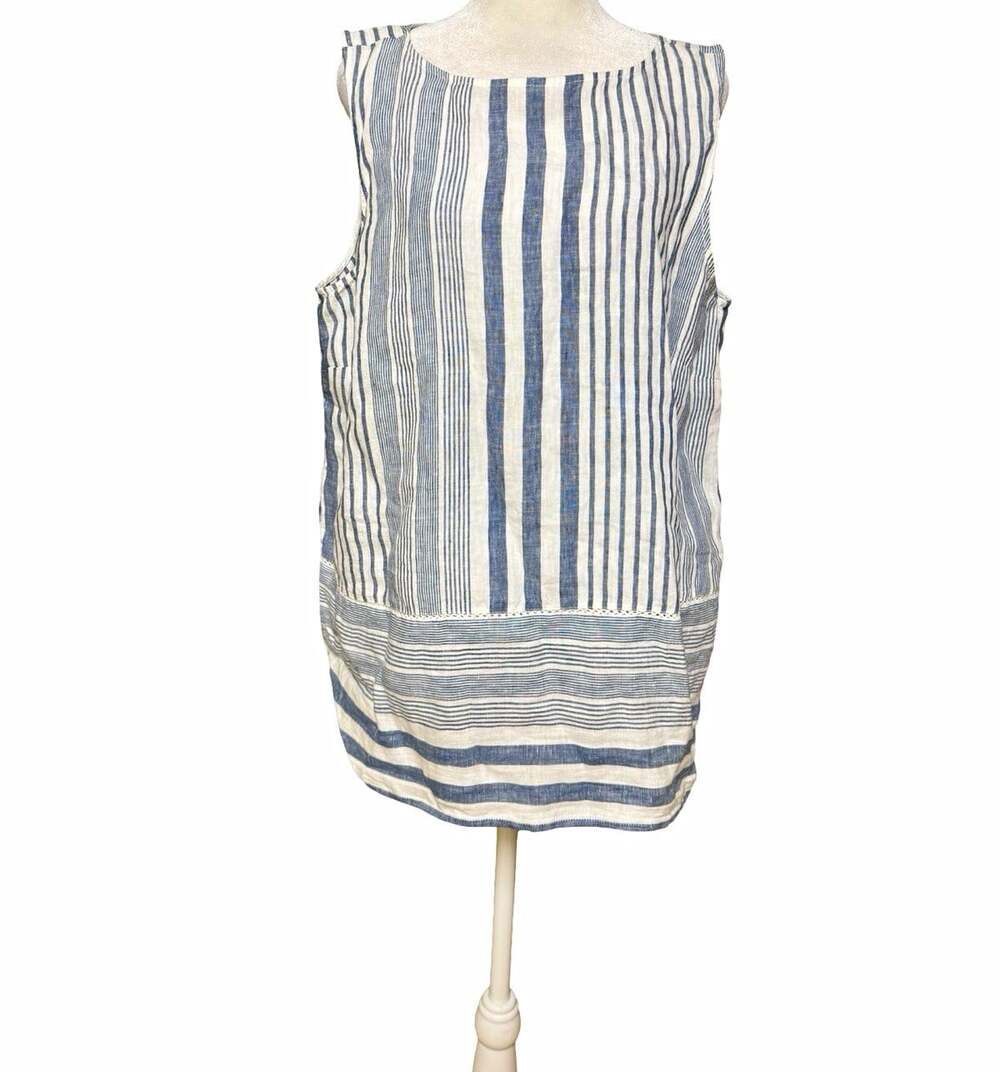 J. Jill Love Linen Blue/White Striped Sleeveless Round Neck Top L Crochet